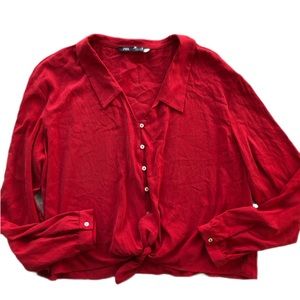 Zara Red Button Up Tie Blouse